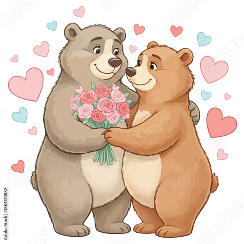 Romantic bear couple with pink rose bouquet. Whimsical teddy bear couple illustration for Valentine’s Day. Cute cartoon grizzly embracing with hearts background. Animals love story