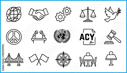 Diplomacy and peace icons set, global cooperation, justice, governance, negotiation, unity, law, international relations, vector illustration for political and world affairs concepts