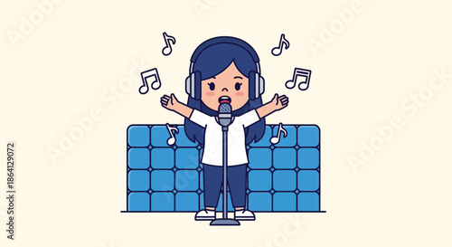 Cartoon illustration of a young woman wearing headphones with music notes around her standing in front of a blue grid on a plain background.