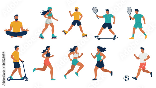 Illustration depicting diverse individuals engaging in outdoor sports at a park yoga, gymnastics, jogging, cycling, tennis, and ball games.