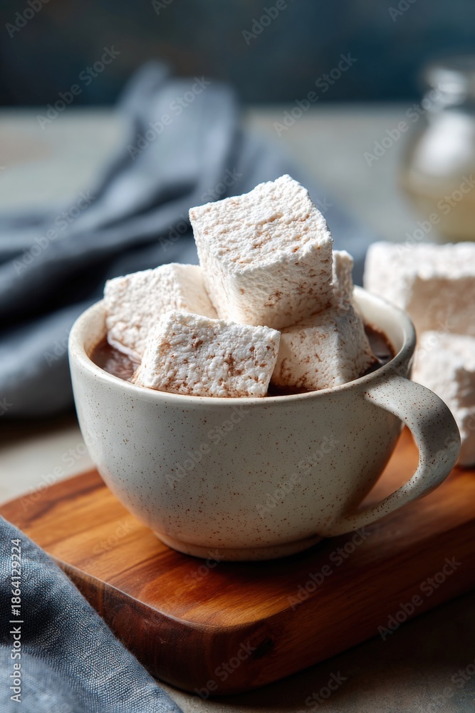 Fototapeta premium Hot chocolate with large marshmallows in speckled mug on wooden board