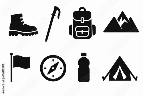 Hiking and camping icons: boot, walking stick, backpack, mountains, flag, compass, water bottle, tent