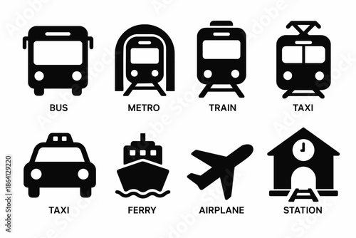 Set of black transportation icons: bus, metro, train, taxi, ferry, airplane, station