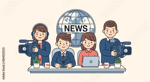 Illustration of a news team sitting at a desk with cameras and a laptop against a clean white background with a professional mood.