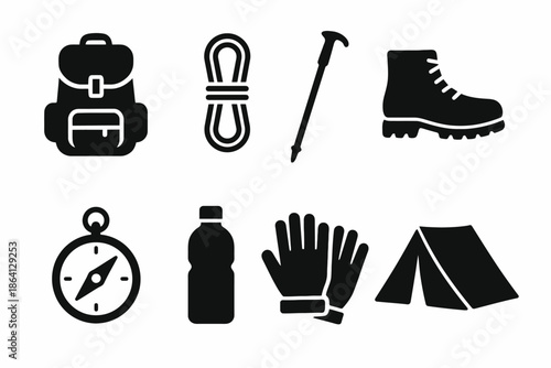 Essential hiking gear icons: backpack, rope, stick, boot, compass, bottle, gloves, tent