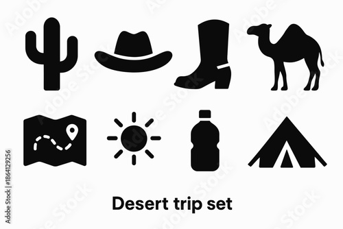 Desert adventure icons: cactus, cowboy hat, boots, camel, map, sun, water bottle, tent