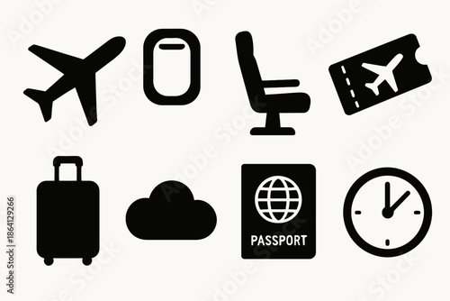 Silhouette icons: airplane, seat, ticket, luggage, cloud, passport, clock