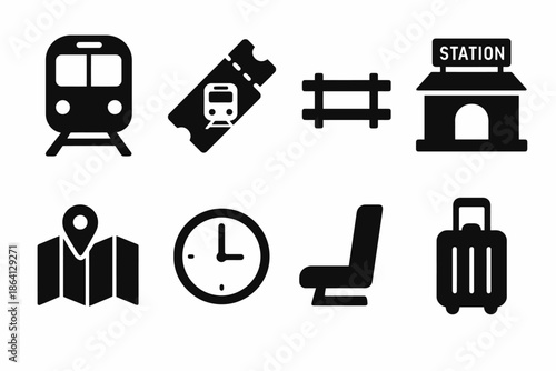Train travel icons: ticket, station, map, clock, suitcase, seat