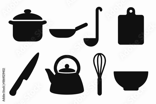Collection of kitchenware silhouettes including pot, ladle, cutting board, and whisk