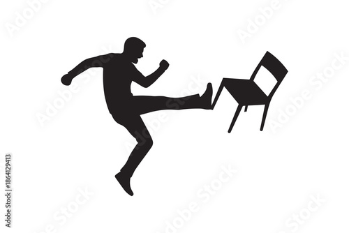 Silhouette of an angry man kicking a chair in frustration