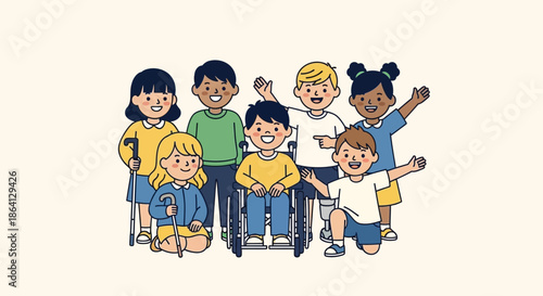 Diverse group of children with different abilities standing and sitting together in a colorful illustration with a warm and inclusive mood against a plain background.