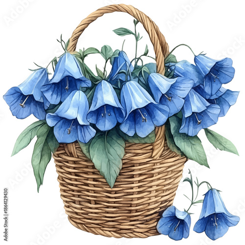 Bellflower Bouquet In A Basket, watercolor clipart showcasing whimsical details and harmonious color flow, isolated on a white background.