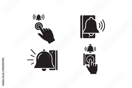 Doorbell icon set with hand pressing button and smartphone alert