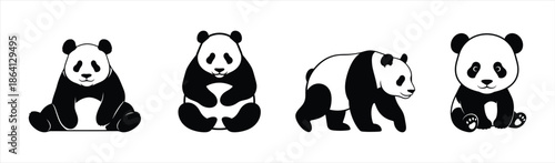 Collection of Adorable Black and White Panda Illustrations in Various Poses, Perfect for Cute Animal Design Projects
