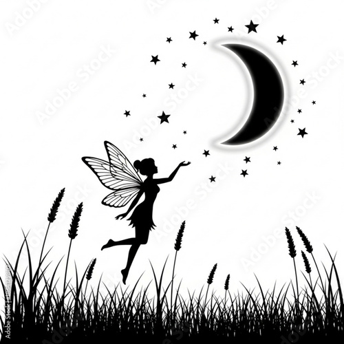 Whimsical fairy dancing under starry night sky with crescent moon