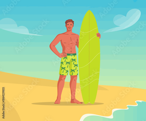 A cheerful young man confidently poses with his surfboard on a sunny beach day, reflecting the joy of summer activities and the thrill of adventure by the ocean.