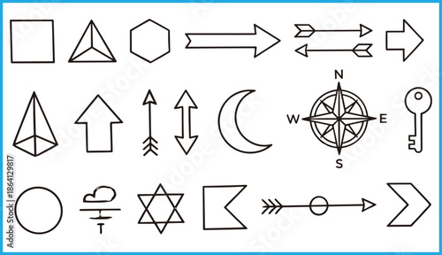 Geometric, directional, and symbolic icons set for abstract, celestial, and navigation concepts in vector illustration design