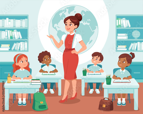 A confident teacher stands in front of a diverse group of attentive students, fostering a positive learning environment in a well-organized classroom filled with books.