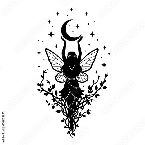 Whimsical fairy reaching for crescent moon under starry night sky