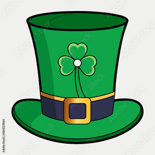 Green leprechaun top hat with a three-leaf clover and a golden buckle for saint patrick's day celebration.