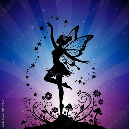 Whimsical fairy dancing under starry night sky with flowers
