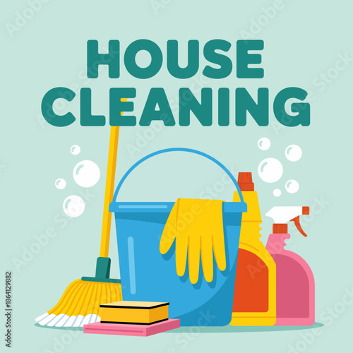 This vibrant image showcases a cleaning scene featuring essential house cleaning tools, including a blue bucket, mop, and various cleaning bottles for a fresh home.