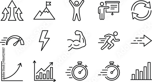 Minimal success growth performance icons set showing progress speed power achievement motivation charts for business development web app interface design