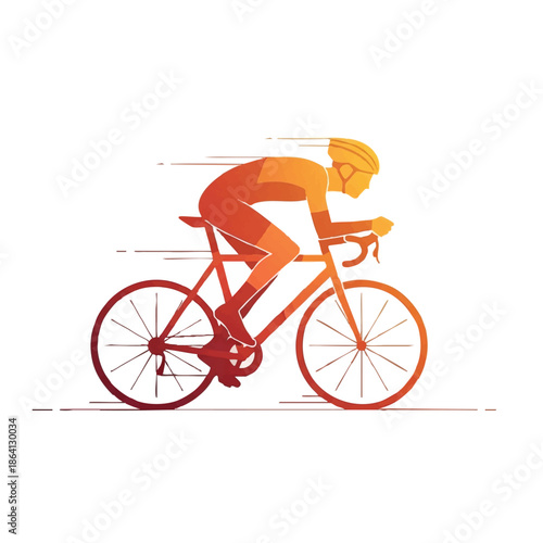 A professional cyclist riding fast on a road bike is captured in a dynamic, flat 2D minimal vector illustration, energized by warm sunset tones and isolated on a clean white background.