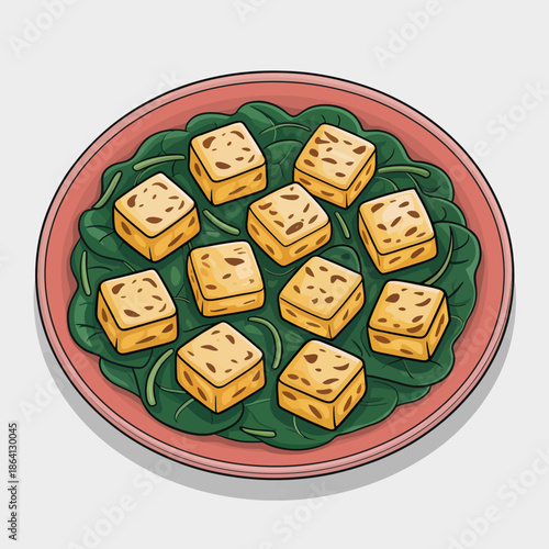 This vibrant illustration showcases perfectly cubed tofu displayed on a bed of fresh spinach, highlighting healthy eating and beautiful presentation in an artistic manner.