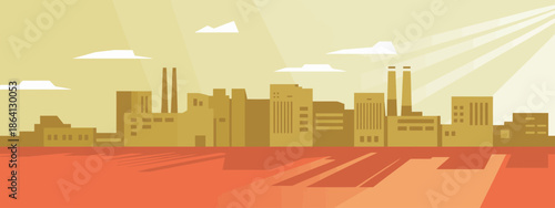 A warm-toned stylized depiction of an industrial skyline featuring factories, smokestacks, and a rising sun, conveying a sense of productivity and vibrancy in urban life.