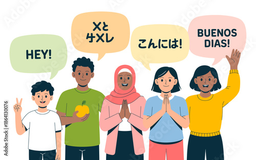 A diverse group of friends greeting each other in various languages, showcasing unity in diversity and the beauty of cultural exchange and human connection across the globe.