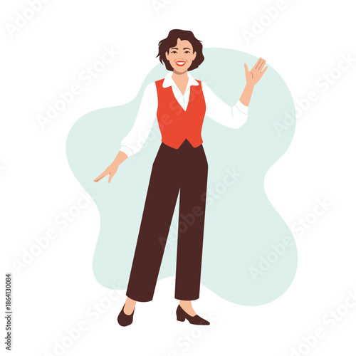 A cheerful woman in a red vest smiles and waves, embodying friendliness and enthusiasm, ideal for promotional materials or joyful corporate imagery, inviting interaction.