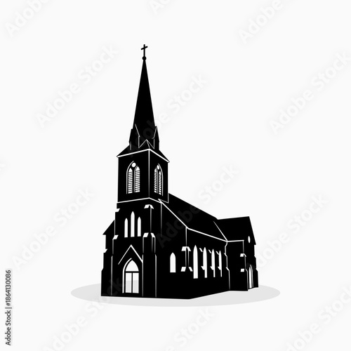 Принти на полотні Minimalist black silhouette illustration of a traditional Gothic style church building, featuring a tall steeple with a cross, set against a clean white background