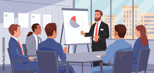 This illustration depicts a professional business meeting with a presenter illustrating a pie chart to an engaged audience, highlighting collaboration and communication in a corporate setting.