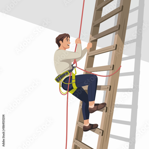 A man is confidently climbing a wooden ladder while securely harnessed with safety gear, illustrating themes of determination, safety, and professionalism in work settings.