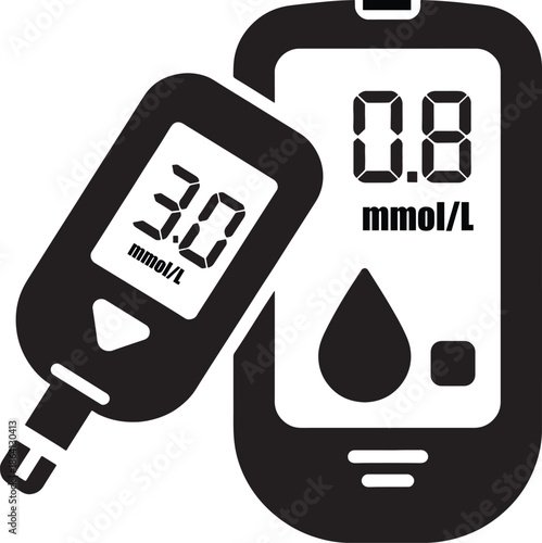 Diabetes blood sugar monitoring icon with glucometer and smartphone