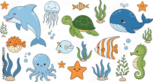 Cute ocean animals collection with dolphin whale turtle fish octopus and seahorse cartoon vector illustration