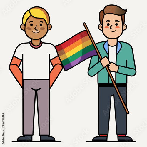 Two smiling cartoon men standing together while holding a rainbow lgbt pride flag.