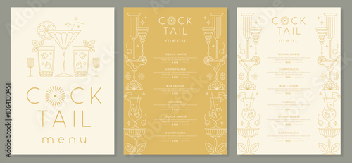 Retro line art restaurant cocktail menu design. Vector illustration