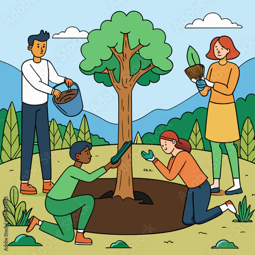 A group of diverse people working together to plant a tree in a sunny outdoor park setting