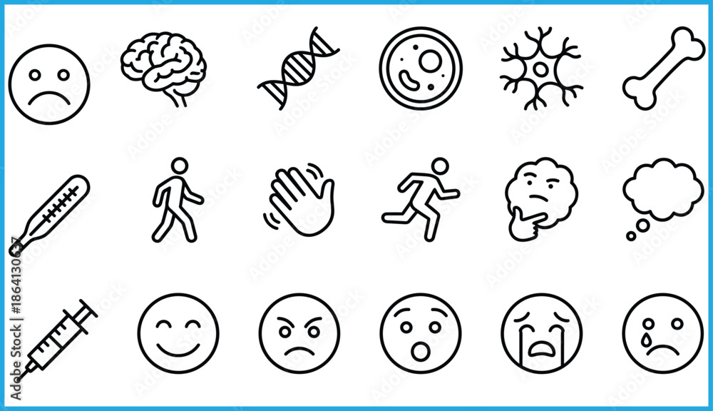 Fototapeta premium Medical and emotional icon set, DNA, brain, syringe, thermometer, sad face, crying, running, walking, cell, bone, thought bubble