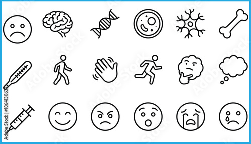 Medical and emotional icon set, DNA, brain, syringe, thermometer, sad face, crying, running, walking, cell, bone, thought bubble