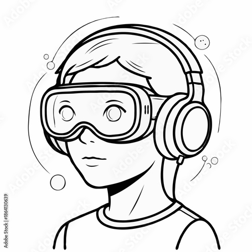 Futuristic immersion of a young tech enthusiast exploring digital worlds wearing advanced VR goggles and headphones. Clean line art illustration.