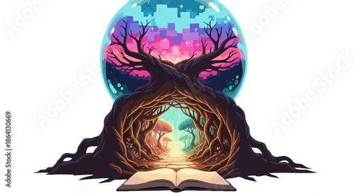 Mystical forest portal emerging from an open book beneath a glowing cosmic crystal ball with ancient roots. Vibrant fantasy vector illustration.