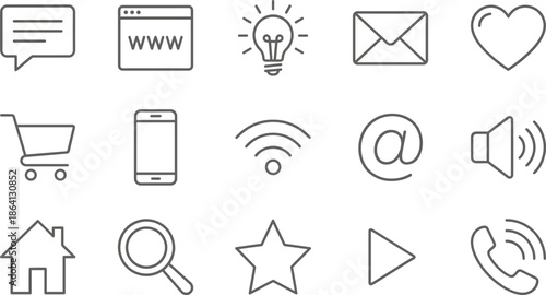 Minimal web and mobile interface line icon set featuring communication shopping media navigation symbols for modern user experience design