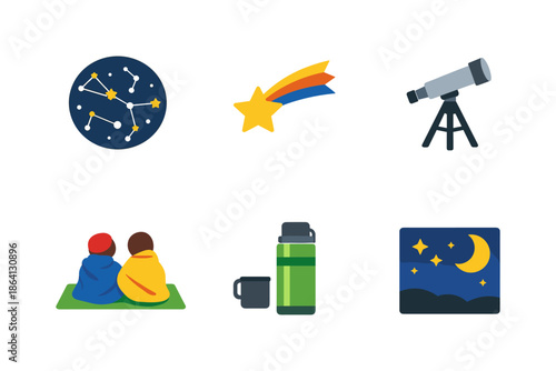 Night sky exploration: stargazing icons and astronomy elements