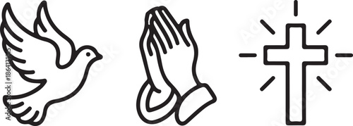 Three distinct religious symbols including a flying dove, clasped praying hands, and a radiant Christian cross represent faith, peace, and spirituality in a simple outline style.