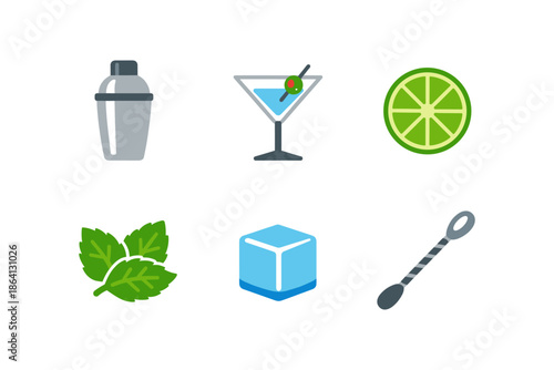 Colorful cocktail elements set with shaker, martini, lime, mint, ice cube, and spoon