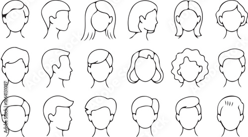 Collection of fifteen black and white line drawings illustrates various male and female head shapes with different hairstyles viewed from the front and side profiles.