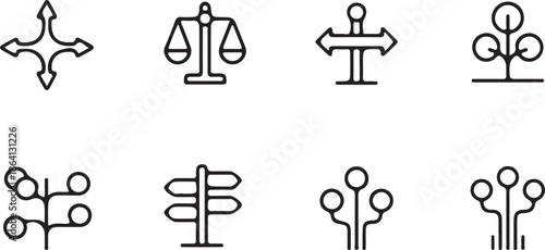 Various directional and abstract branching icons symbolizing choices, balance, navigation, and interconnected systems displayed in a simple line art format.